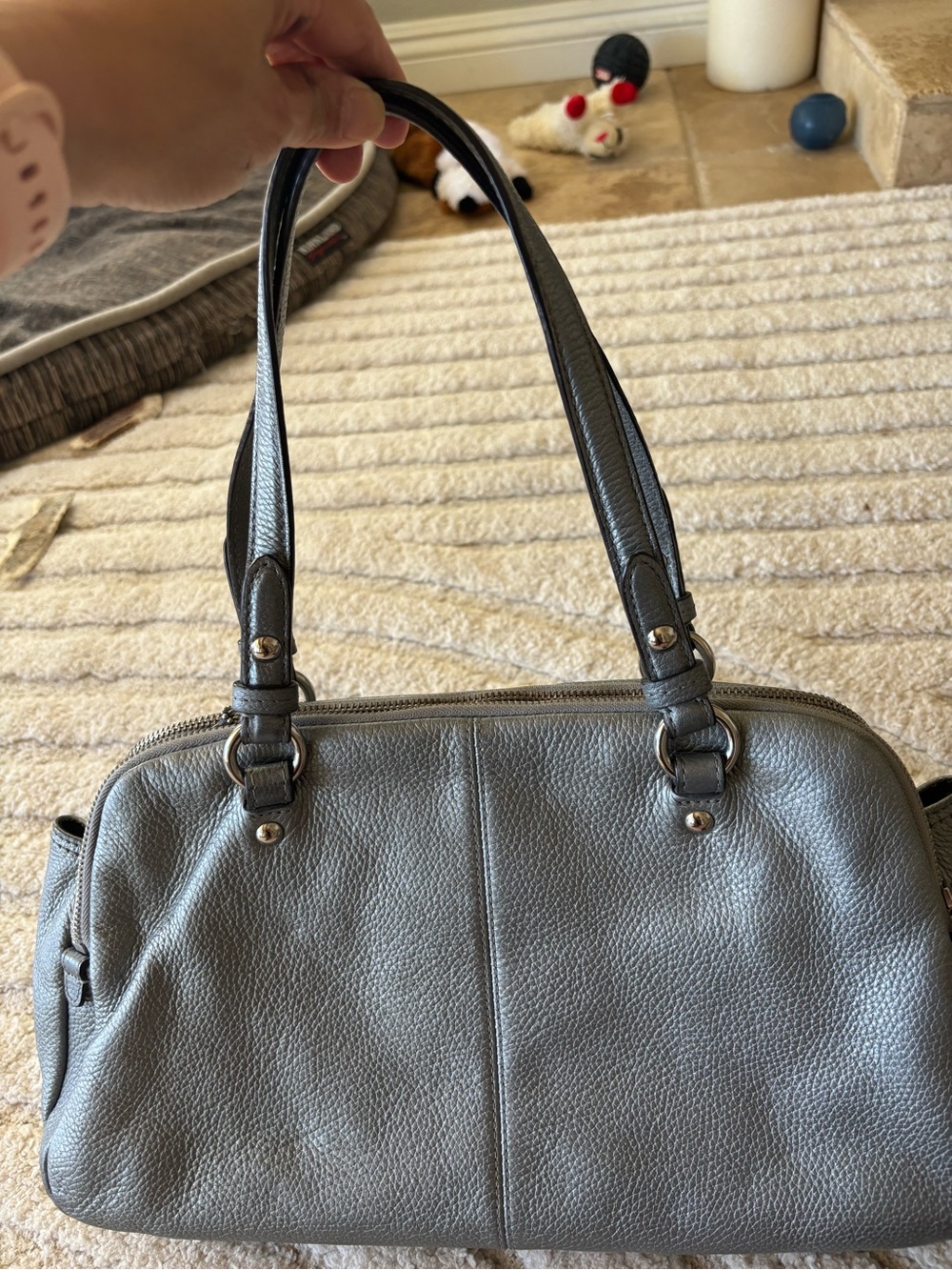 Coach Pebbled Leather Turnlock Shoulder Bag in Metallic Gray - Picture 12 of 13